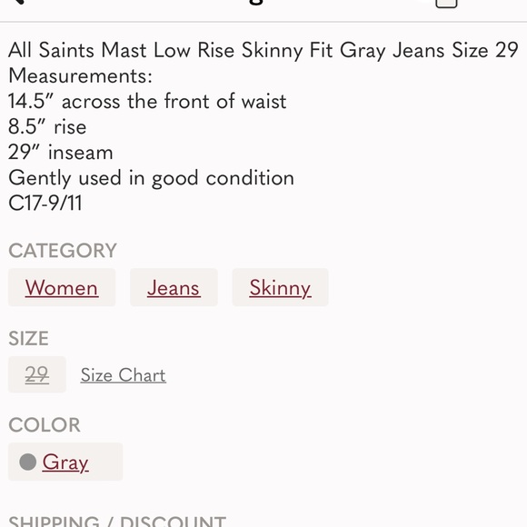 All Saints Mast Low Rise Skinny Fit Gray Jeans Size 29 - Picture 11 of 11